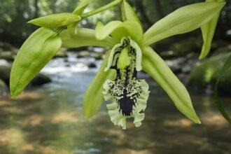 Flor da orquídea Coelogyne pandurata verde com labelo escuro em ambiente tropical úmido