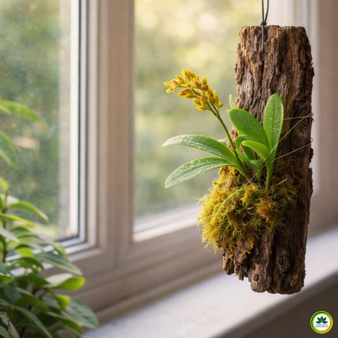 Acianthera klotzschiana cultivada em tronco com musgo esfagno e luz indireta em ambiente interno