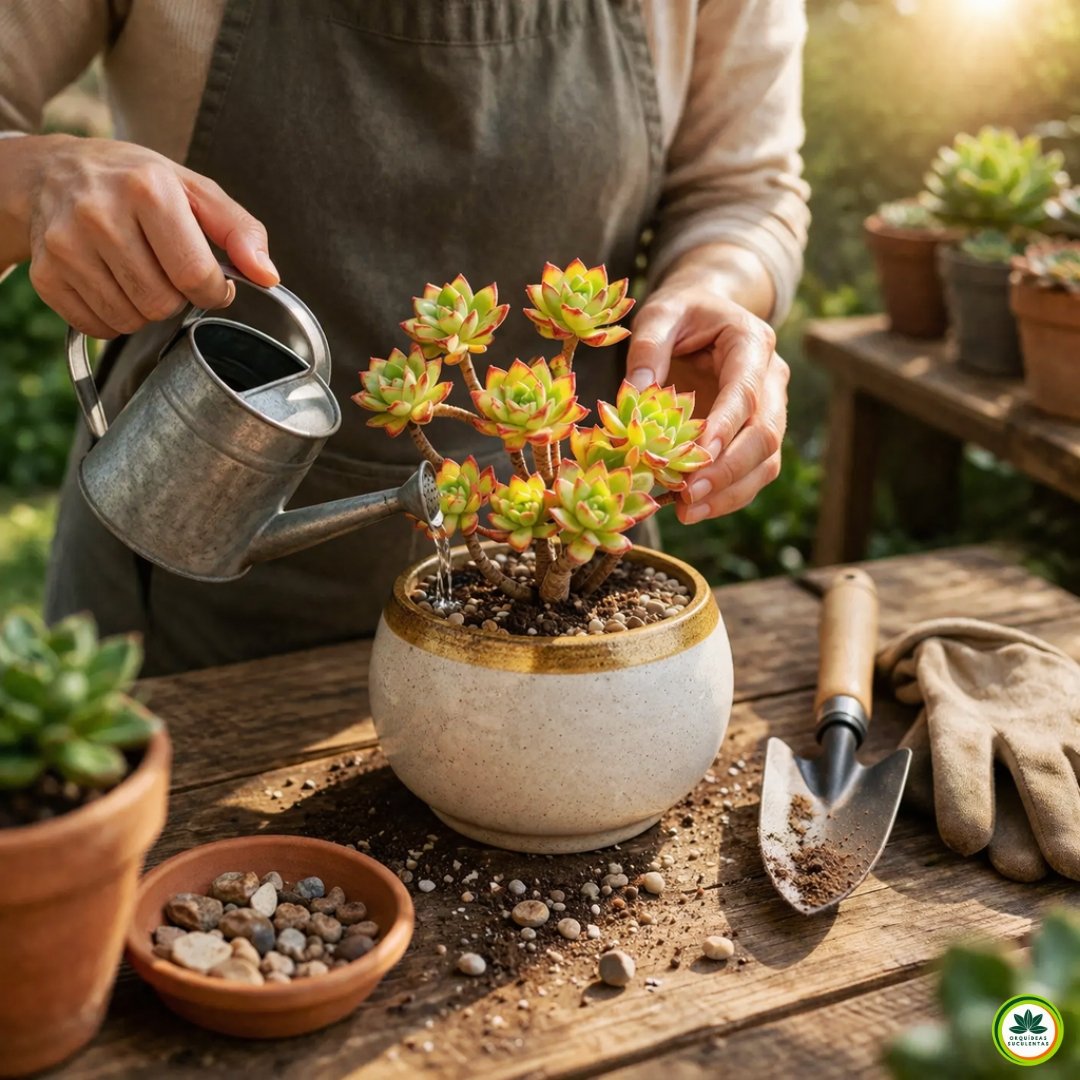 Pessoa regando suculenta Echeveria Supia em vaso decorativo sob luz solar em ambiente de jardim