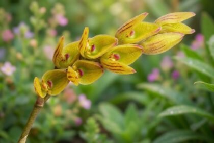 Flor da Acianthera klotzschiana em floração com pétalas amarelas e estrias púrpura, típica de micro-orquídea epífita