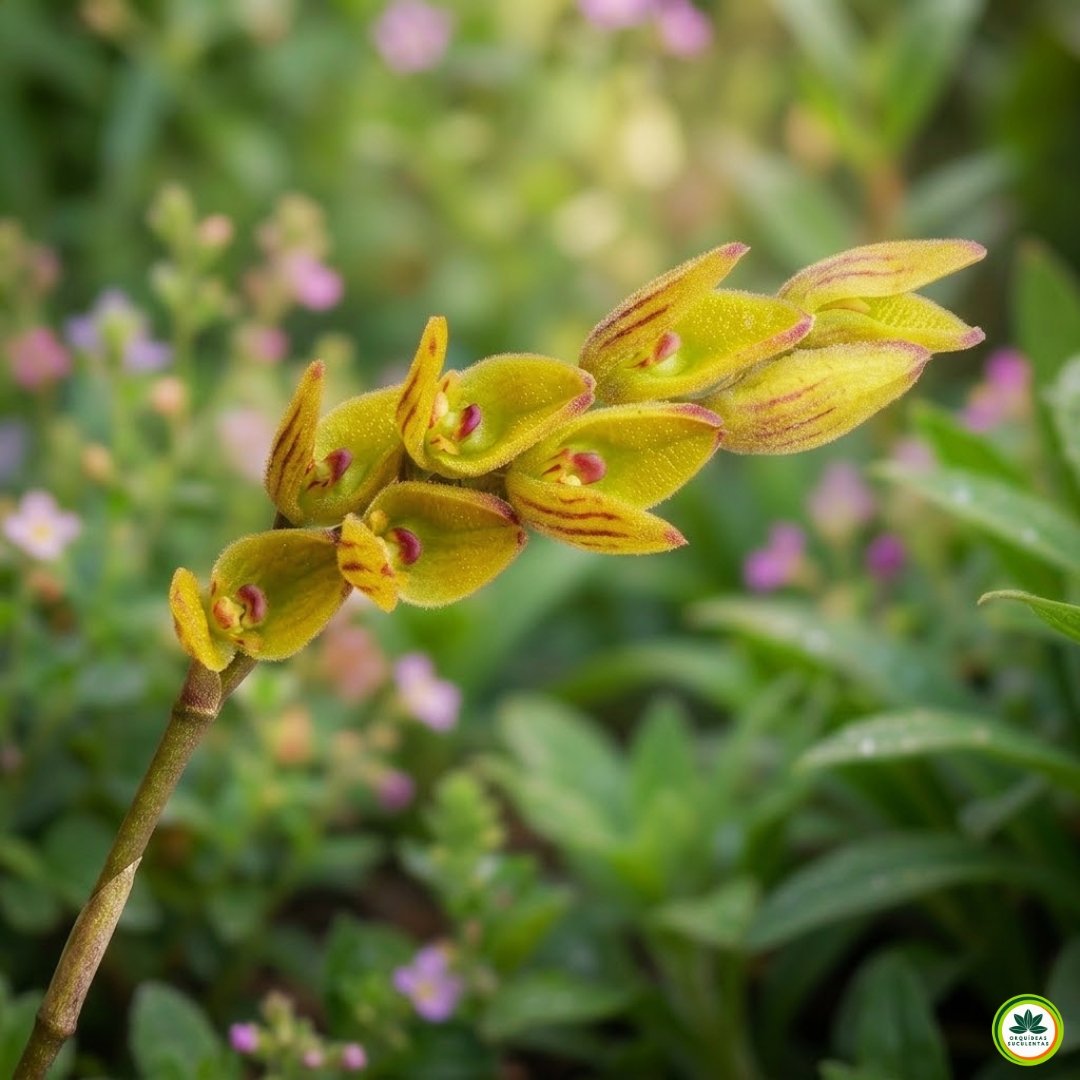 Flor da Acianthera klotzschiana em floração com pétalas amarelas e estrias púrpura, típica de micro-orquídea epífita