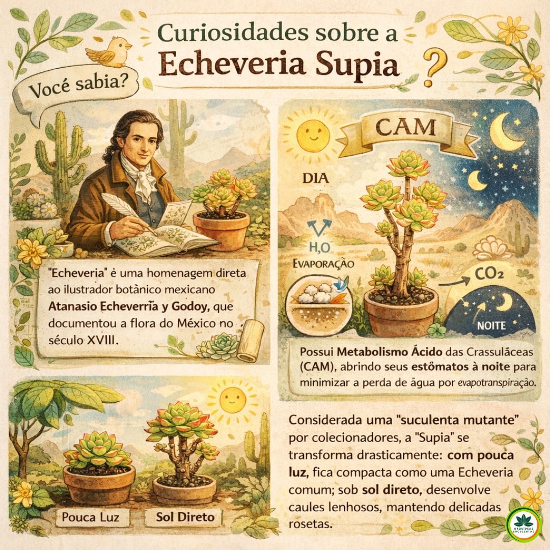 Infográfico ilustrado sobre curiosidades da Echeveria Supia mostrando metabolismo CAM, origem do nome e adaptação à luz