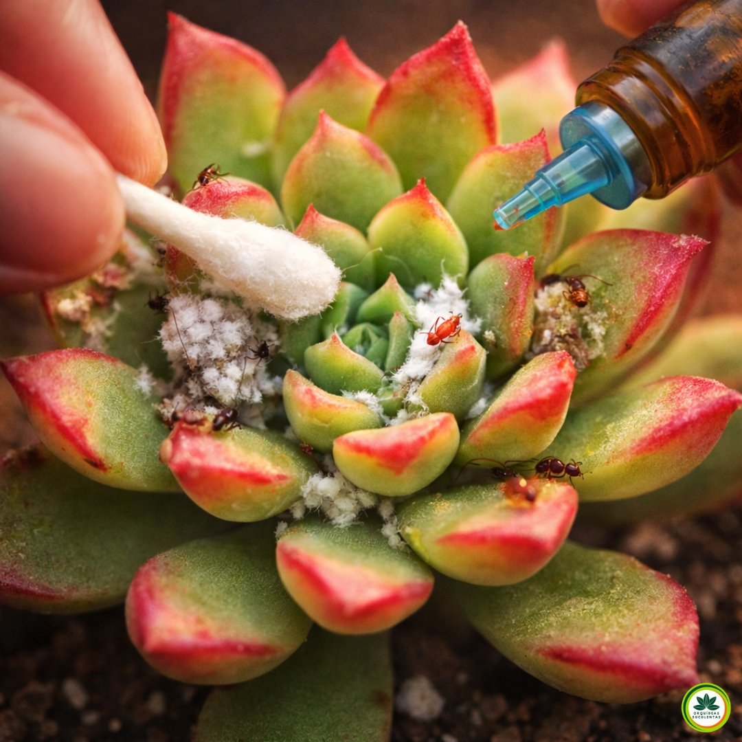 Cochonilhas em suculenta Echeveria Supia sendo removidas com cotonete e aplicação de óleo para controle de pragas