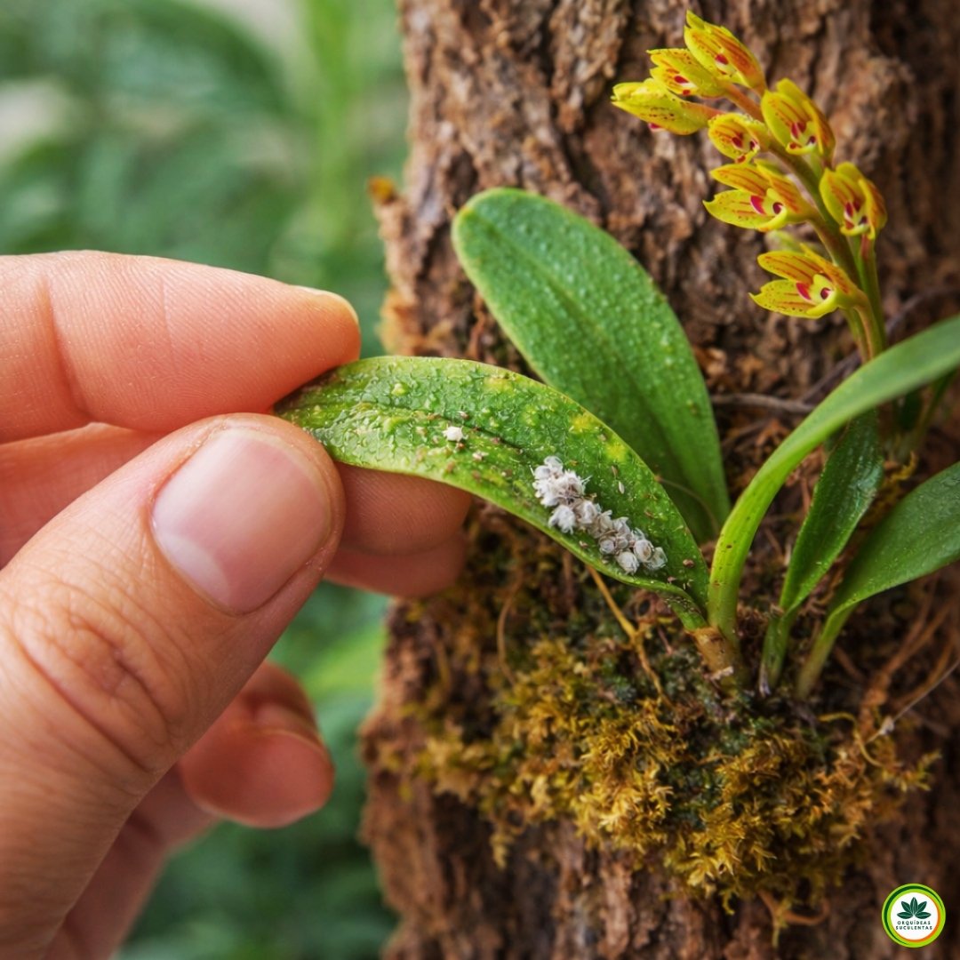 Cochonilhas em folha de Acianthera klotzschiana sendo inspecionada manualmente durante o cultivo
