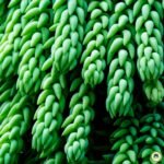 Close das folhas carnosas do Sedum morganianum (rabo-de-burro), mostrando textura e formato de gota