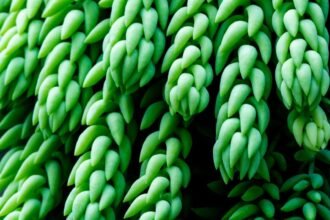 Close das folhas carnosas do Sedum morganianum (rabo-de-burro), mostrando textura e formato de gota