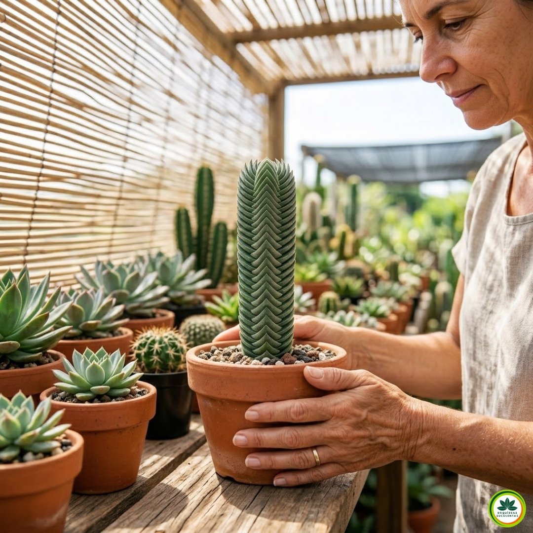 Mãos cuidadosas de uma pessoa realizando a aclimatação progressiva de uma suculenta Crassula 'Buddha's Temple', idêntica à planta de referência (quadrada), movendo-a da luz filtrada para um local com mais exposição solar indireta e dappled, ilustrando o manejo preventivo de queimaduras foliares