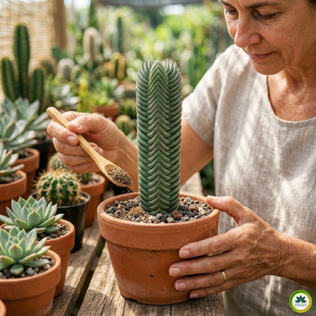 Close-up ultrarrealista das mãos focadas de uma pessoa realizando a adubação orgânica de uma suculenta Crassula 'Buddha's Temple', idêntica à planta de referência (quadrada), aplicando um fertilizante suave na base do vaso de barro com uma pequena colher de bambu, ilustrando o manejo nutricional