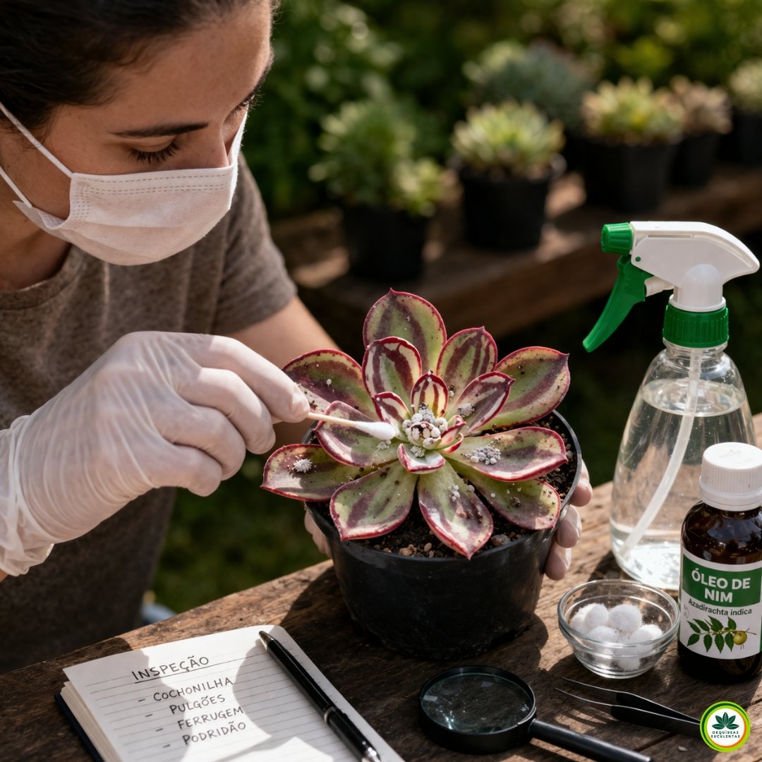 Pessoa removendo cochonilhas de Echeveria nodulosa com cotonete embebido em álcool durante controle de pragas