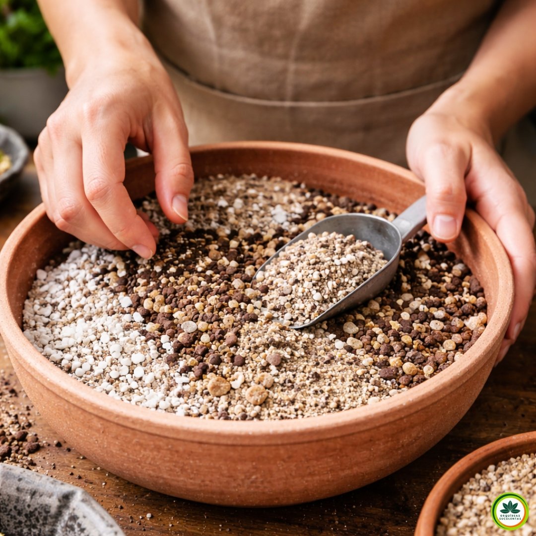 Pessoa preparando substrato drenante para suculentas com perlita, areia grossa e mistura orgânica em recipiente de barro