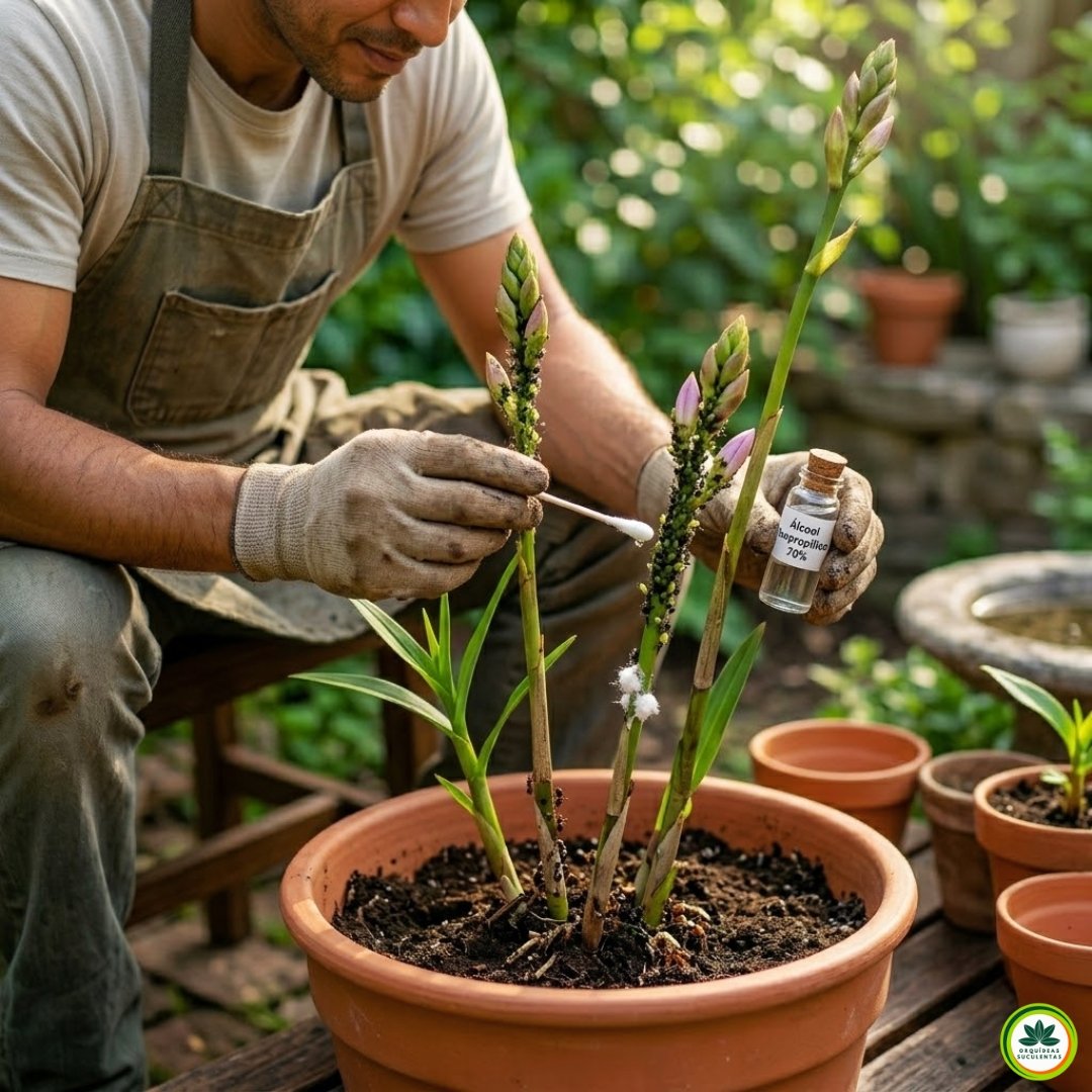 Jardineiro realizando o controle de pragas em uma orquídea-bambu, utilizando um cotonete para remover pequenos insetos dos botões florais em um vaso de cerâmica