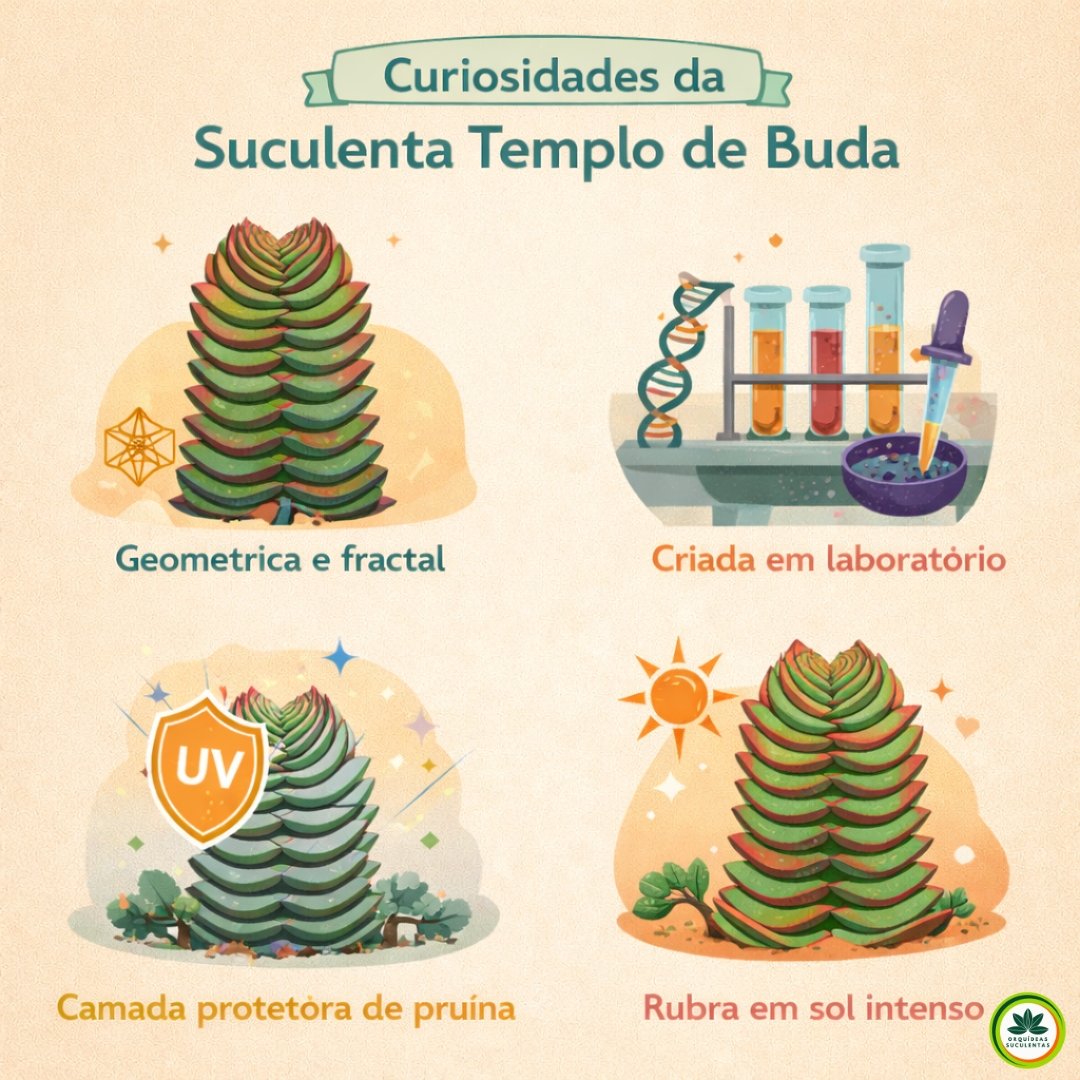 Infográfico ilustrado com curiosidades da suculenta Crassula Buddha's Temple mostrando formato geométrico, origem em laboratório, proteção UV e coloração avermelhada no sol
