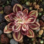 Suculenta Echeveria nodulosa com folhas verdes e listras vermelhas intensas cultivada em jardim com pedras