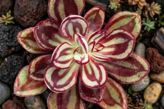 Suculenta Echeveria nodulosa com folhas verdes e listras vermelhas intensas cultivada em jardim com pedras