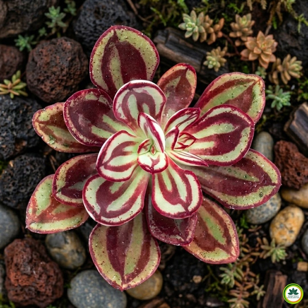 Suculenta Echeveria nodulosa com folhas verdes e listras vermelhas intensas cultivada em jardim com pedras