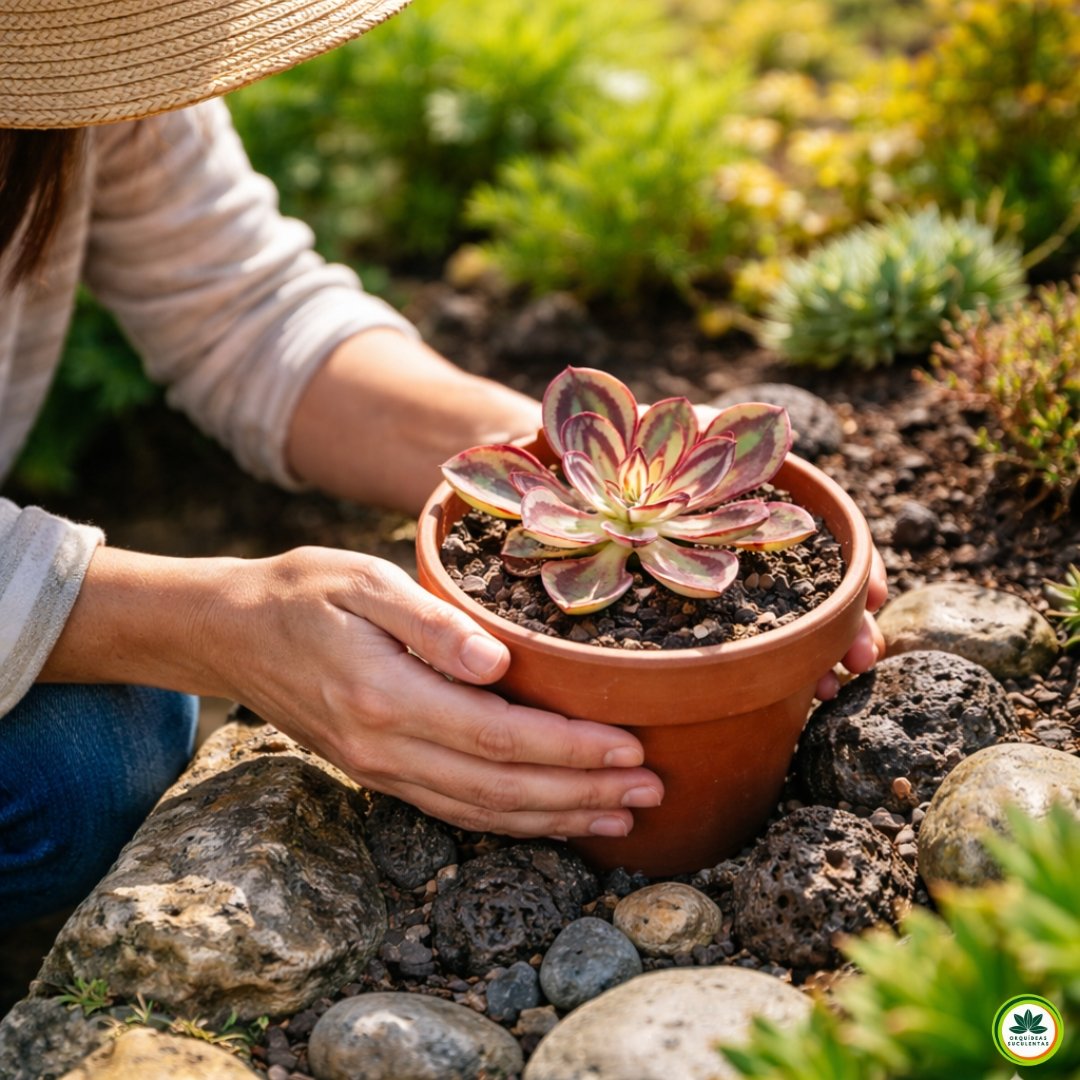 Pessoa posicionando vaso com Echeveria nodulosa sob sol direto em jardim para garantir crescimento saudável e cores intensas