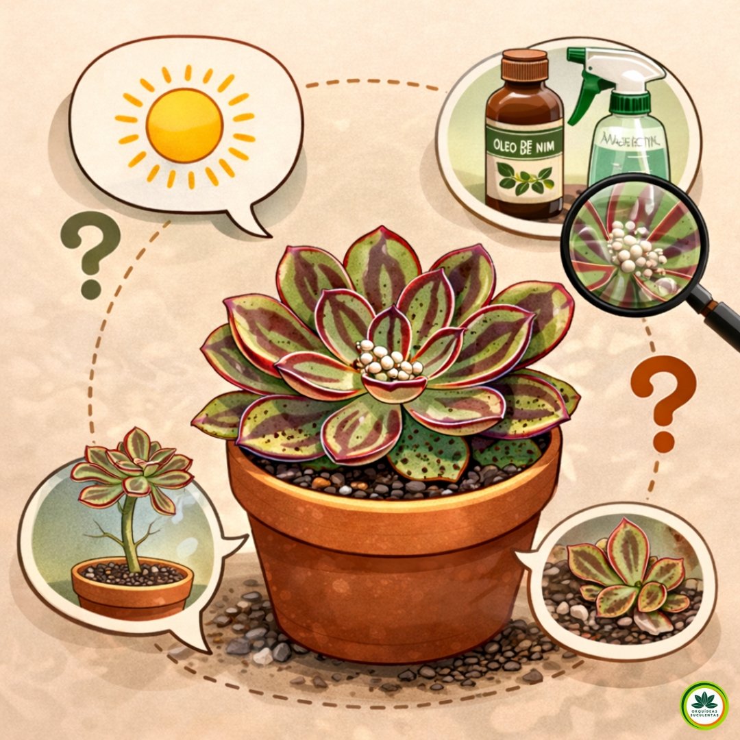 Infográfico ilustrado com cuidados da Echeveria nodulosa mostrando luz solar, controle de pragas, estiolamento e condições de cultivo