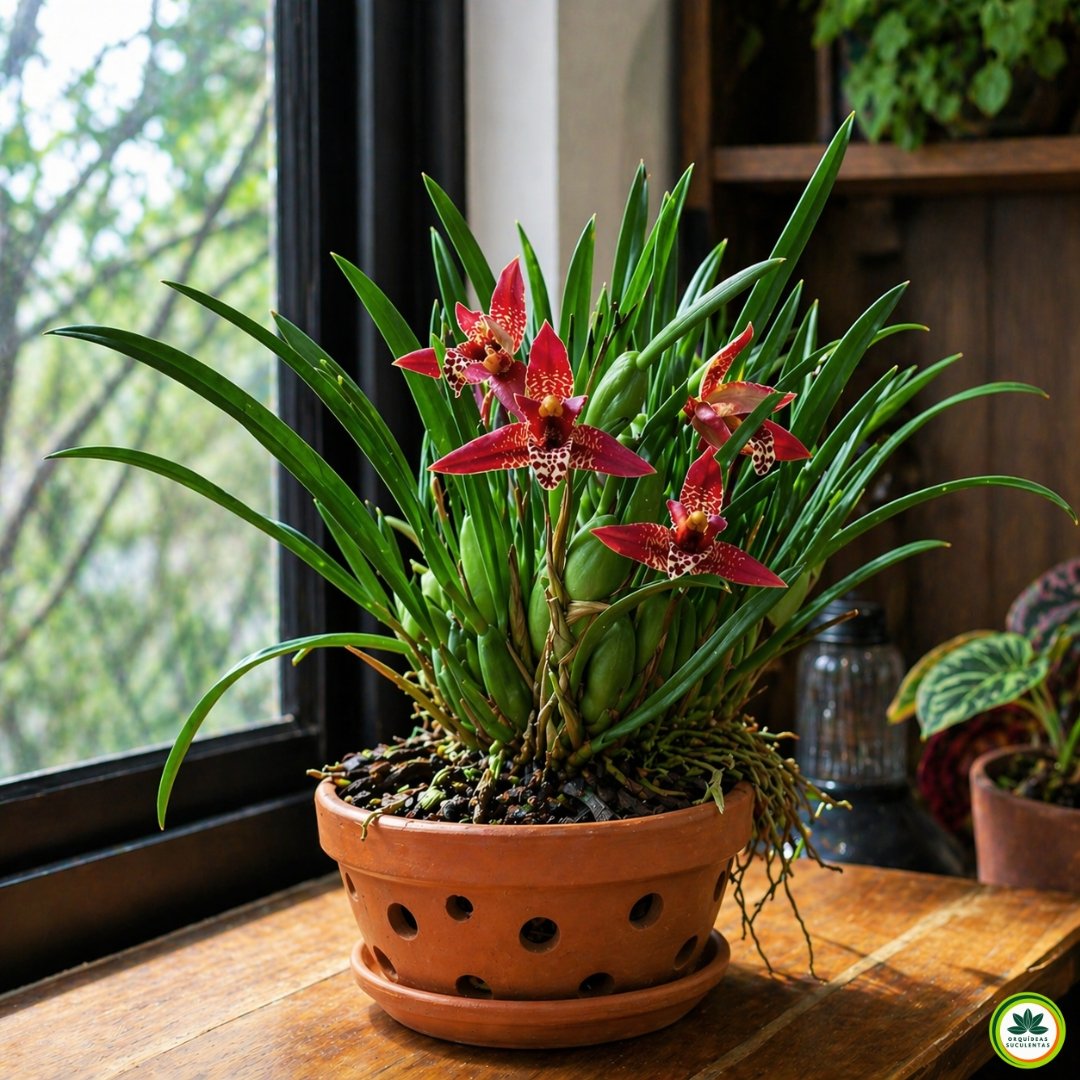 Orquídea Maxillaria tenuifolia em vaso de barro cultivada dentro de casa próxima a janela com luz natural indireta