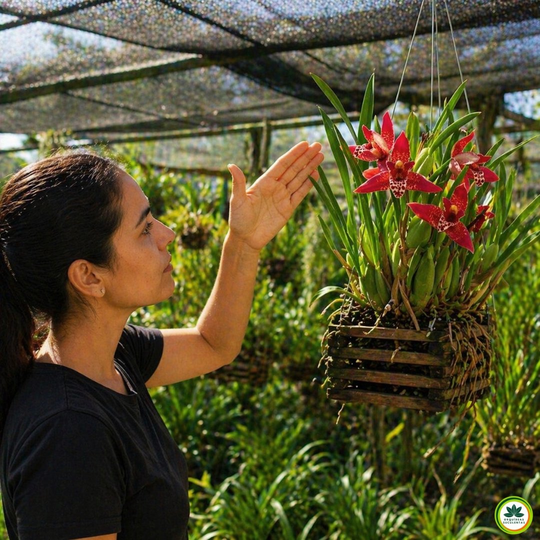 Pessoa avaliando a luminosidade ideal em uma orquídea Maxillaria tenuifolia sob luz filtrada em ambiente protegido