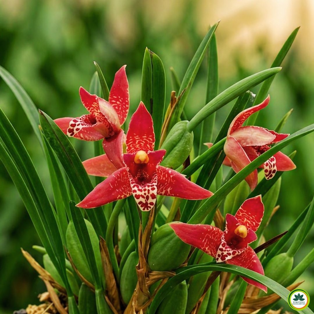 Orquídea Maxillaria tenuifolia com flores vermelhas exóticas e folhas verdes, conhecida pelo cheiro de coco