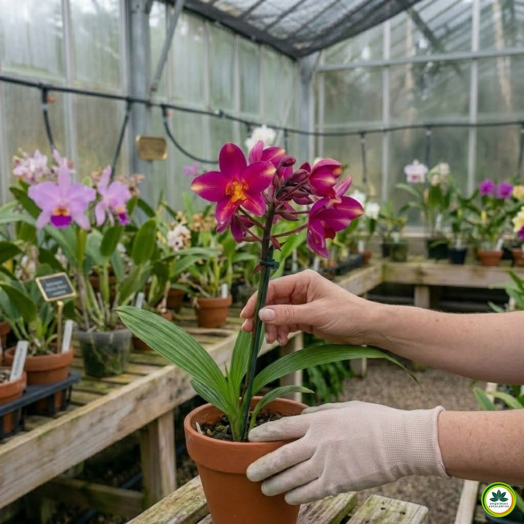 Fotografia quadrada e ultrarrealista de braços e mãos de um orquidófilo experiente, cujas mãos bareas, com manicured fingers, ajustam delicadamente um vaso de terracota que contém uma Spathoglottis Pink Splash terrestre. A imagem destaca a morfologia correta da planta, com as flores magenta e 'splash' e as folhas plissadas características, sob a proteção de um sombrite de 50%. O fundo desfocado é um orquidário úmido com outras diversas orquídeas e plantas tropicais. Sem texto ou legendas.