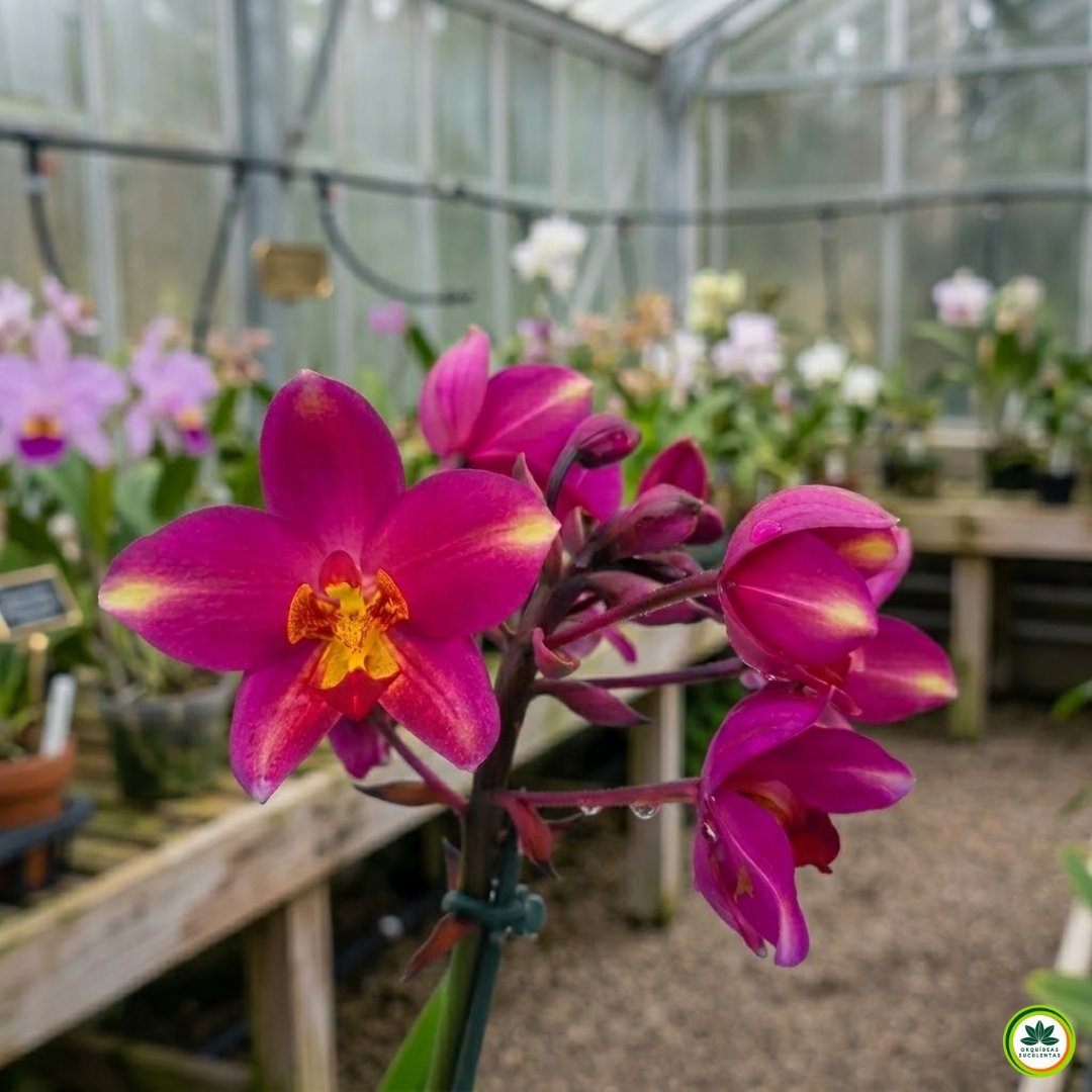 Fotografia em close-up da orquídea terrestre Spathoglottis plicata cultivar Pink Splash, exibindo pétalas com padrão flameado em tons de rosa intenso e centro amarelado.