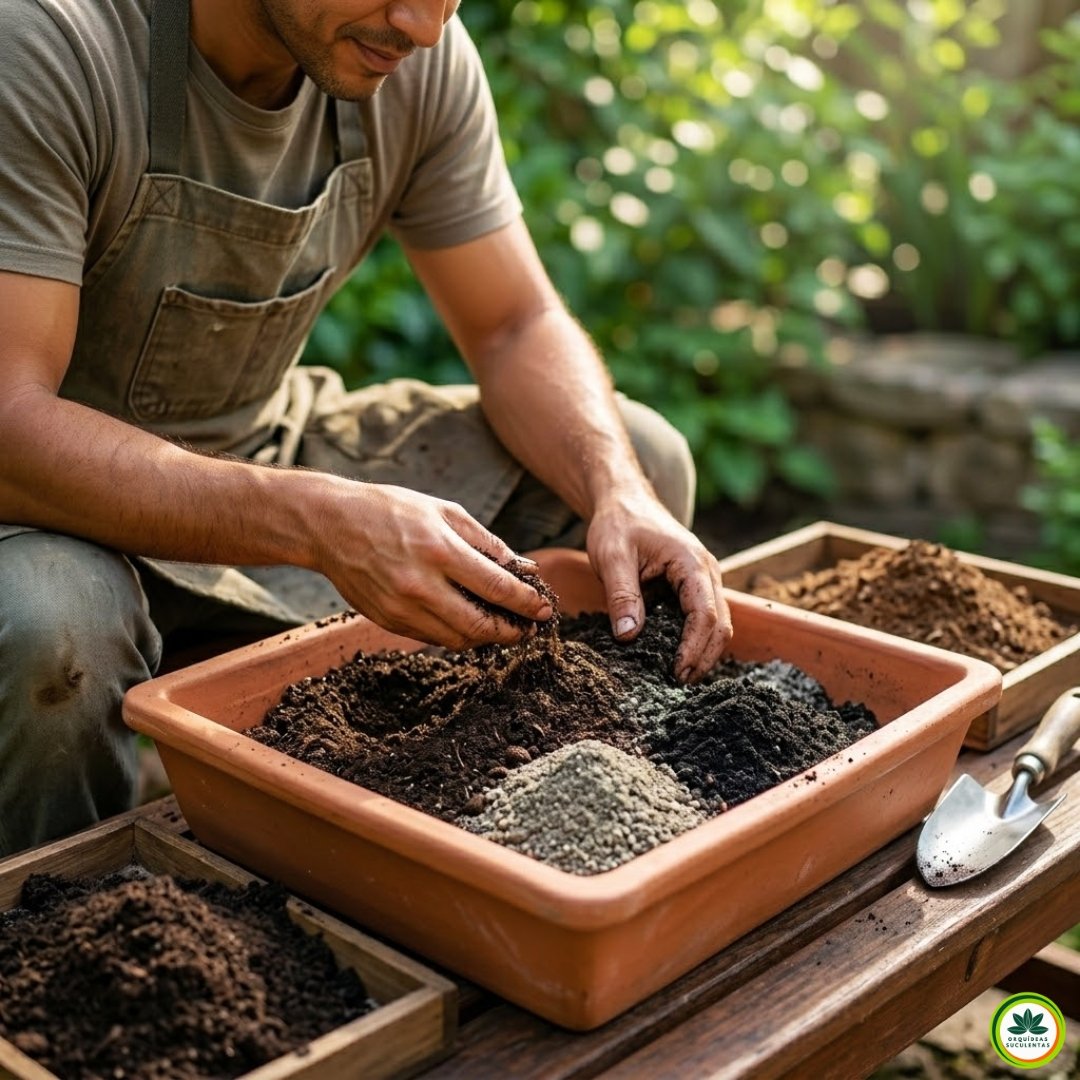 Close-up das mãos de um jardineiro misturando terra vegetal, areia e húmus de minhoca em um vaso de terracota, preparando o substrato ideal para a orquídea-bambu