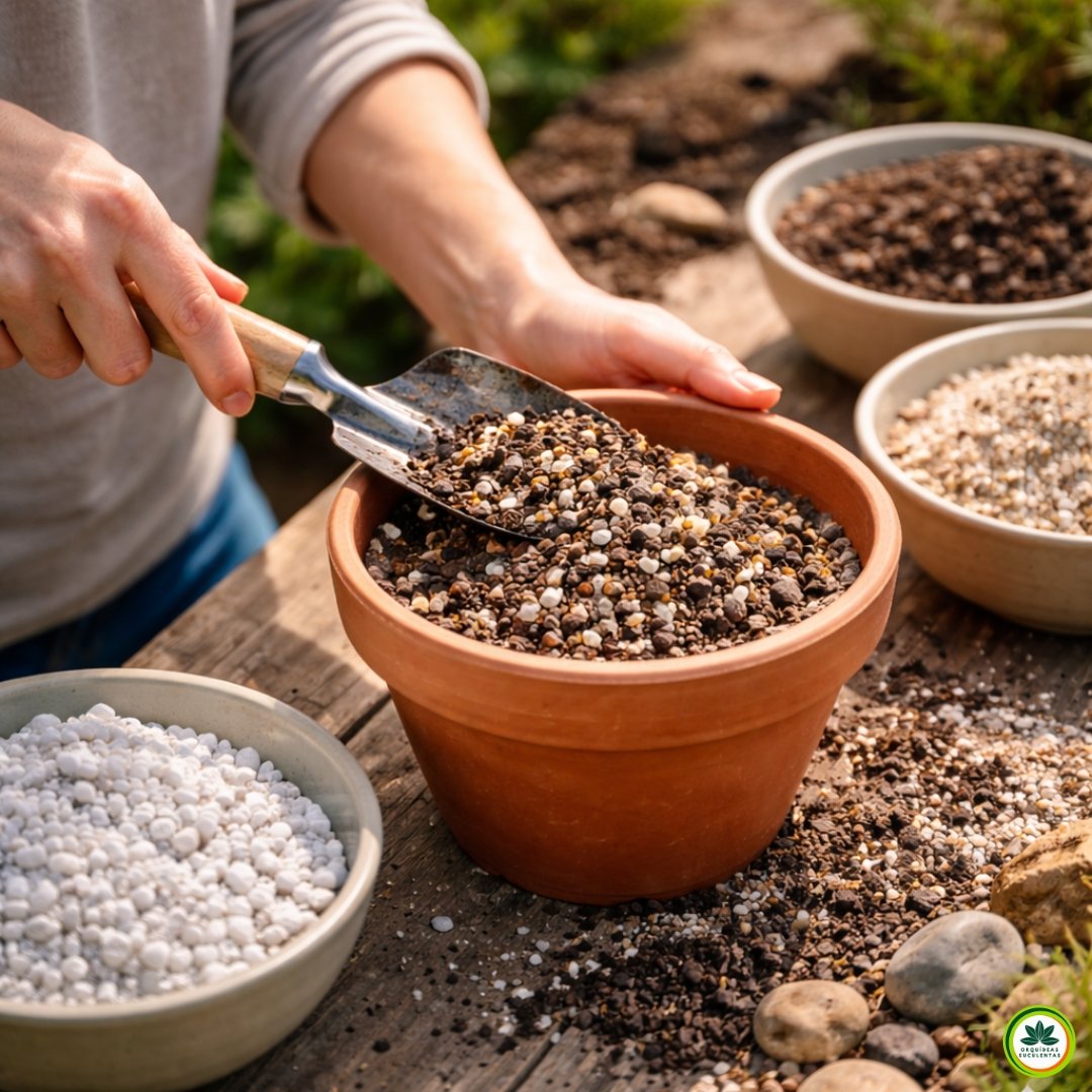Pessoa preparando substrato drenante para Echeveria nodulosa com mistura de perlita, areia e terra em vaso de barro