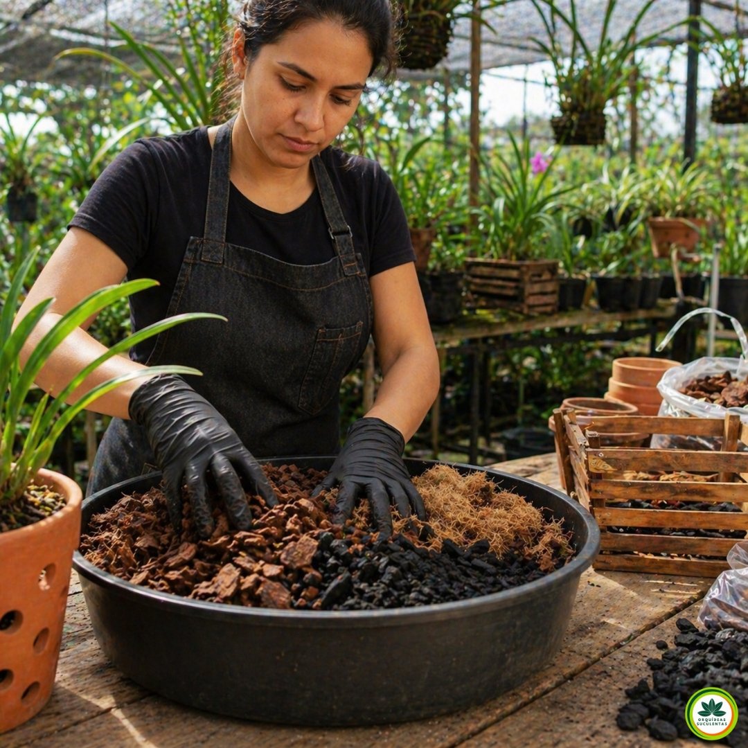 Pessoa preparando substrato para orquídeas com casca de pinus, carvão vegetal e fibra de coco em ambiente de cultivo