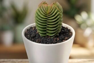 Fotografia em close-up de uma suculenta Crassula Buddha's Temple em um vaso branco, destacando sua estrutura geométrica vertical e folhas cinza-esverdeadas perfeitamente empilhadas em formato quadrangular.