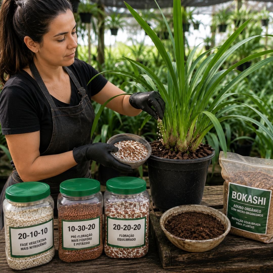 Cultivadora aplicando adubação NPK e Bokashi em Cymbidium Kiwi Midnight durante manejo nutricional em estufa profissional