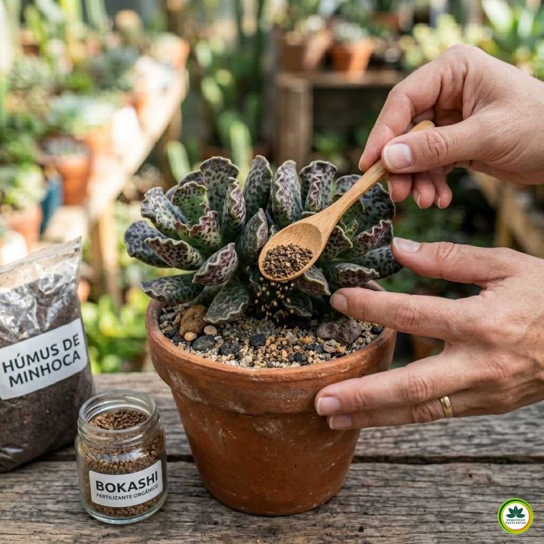 Close-up de mãos utilizando uma colher de madeira para aplicar fertilizante orgânico Bokashi no solo de uma suculenta Adromischus cooperi em um vaso de barro