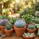 Coleção de várias espécies de suculentas saudáveis em vasos de barro sobre uma mesa de madeira com ferramentas de jardinagem