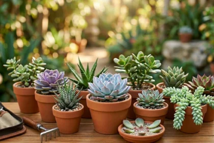 Coleção de várias espécies de suculentas saudáveis em vasos de barro sobre uma mesa de madeira com ferramentas de jardinagem