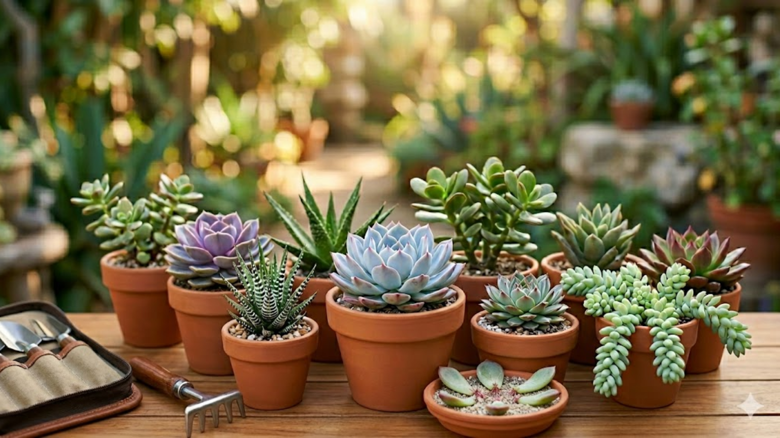 Coleção de várias espécies de suculentas saudáveis em vasos de barro sobre uma mesa de madeira com ferramentas de jardinagem