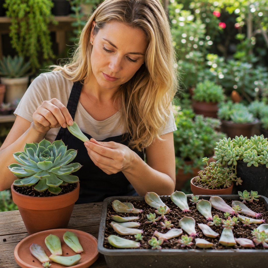 Mulher realizando a propagação de suculentas por folhas sobre bandeja com substrato, em ambiente de cultivo iluminado naturalmente