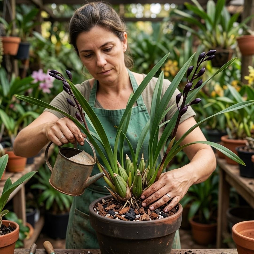 Pessoa realizando o teste de umidade no substrato e regando uma orquídea Cymbidium Kiwi Midnight em vaso de barro, garantindo a hidratação ideal sem encharcamento