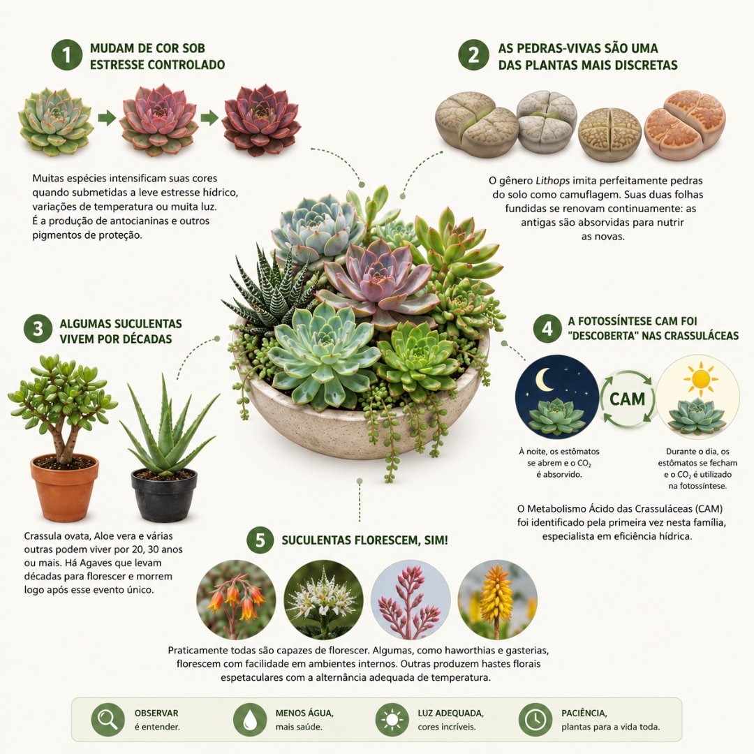 Infográfico ilustrado mostrando curiosidades sobre suculentas, incluindo mudança de cor, pedras-vivas, longevidade, fotossíntese CAM e floração