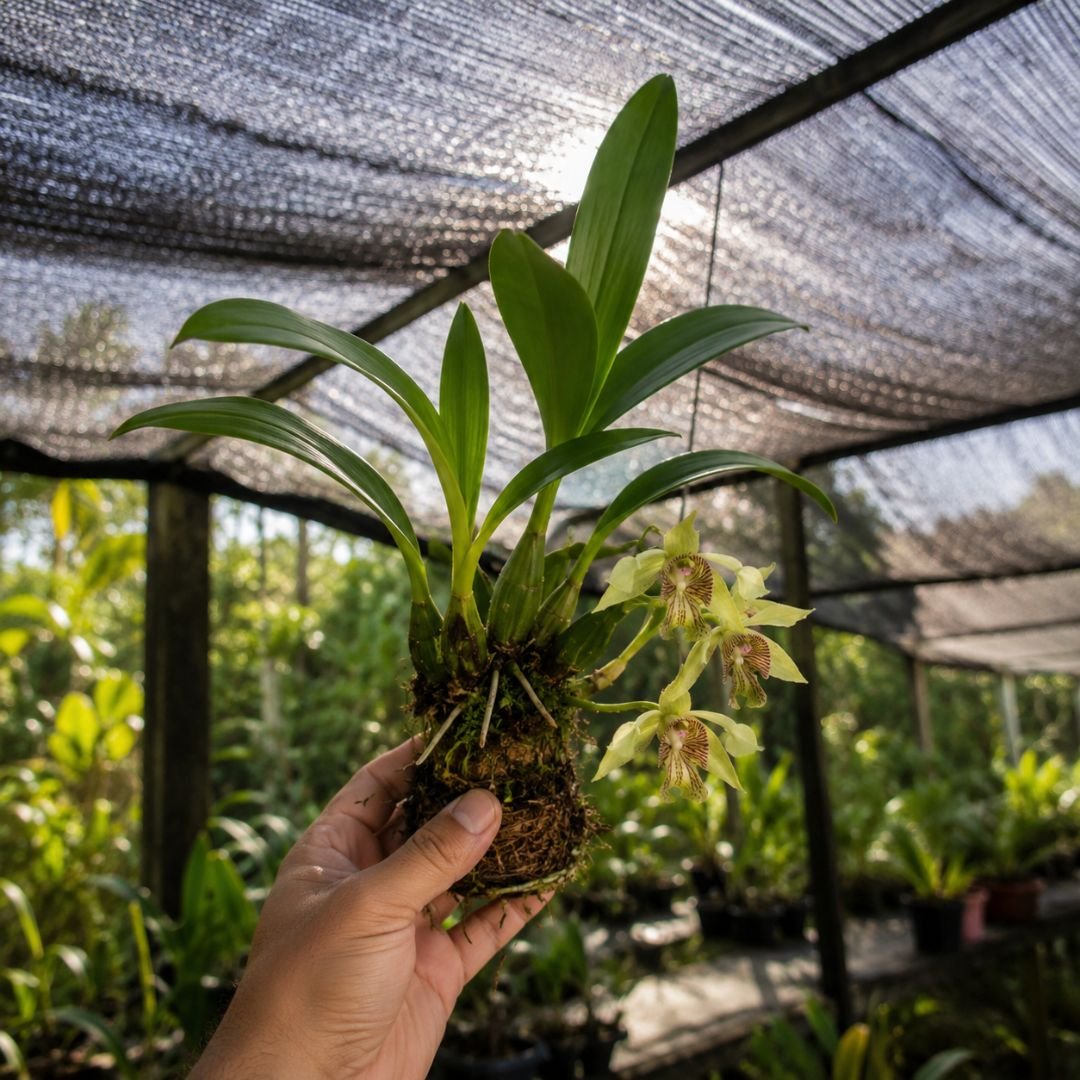 Dendrobium macrophyllum sendo cultivada sob sombrite em ambiente com luz intensa filtrada e boa ventilação