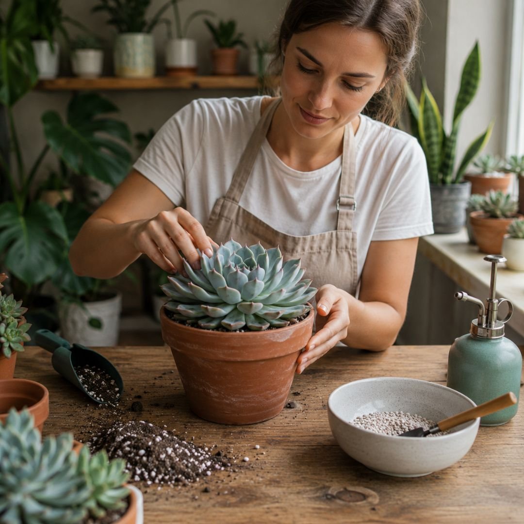 Pessoa realizando manejo de Echeveria em vaso de barro dentro de casa com substrato drenante e iluminação natural adequada para cultivo saudável