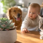 Suculenta Echeveria em ambiente interno com gato, cachorro e bebê mostrando que a planta é segura e não tóxica para casas com pets e crianças