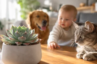 Suculenta Echeveria em ambiente interno com gato, cachorro e bebê mostrando que a planta é segura e não tóxica para casas com pets e crianças