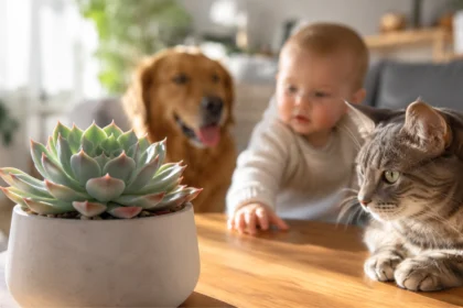 Suculenta Echeveria em ambiente interno com gato, cachorro e bebê mostrando que a planta é segura e não tóxica para casas com pets e crianças