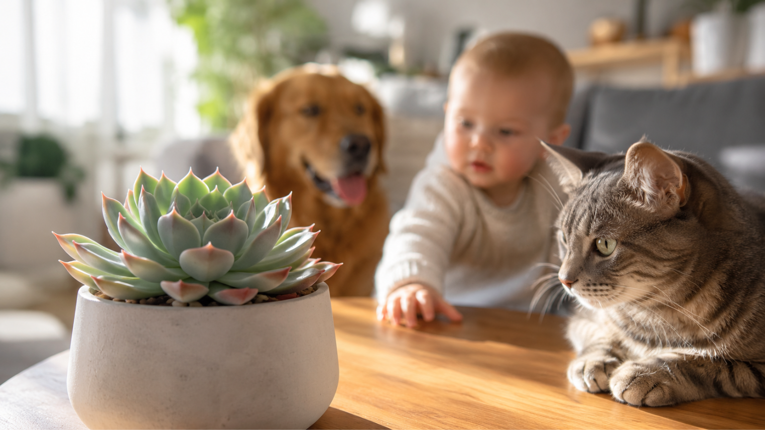 Suculenta Echeveria em ambiente interno com gato, cachorro e bebê mostrando que a planta é segura e não tóxica para casas com pets e crianças