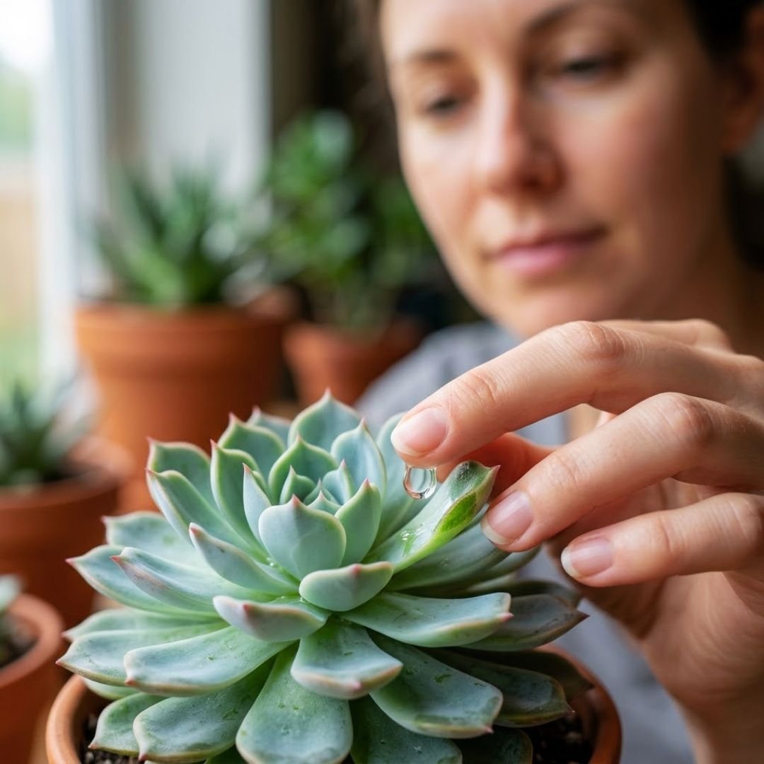 Fotografia profissional quadrada de uma mão feminina tocando uma folha de suculenta Echeveria. Uma gota de seiva límpida e aquosa é visível, demonstrando a ausência de irritação ou vermelhidão na pele
