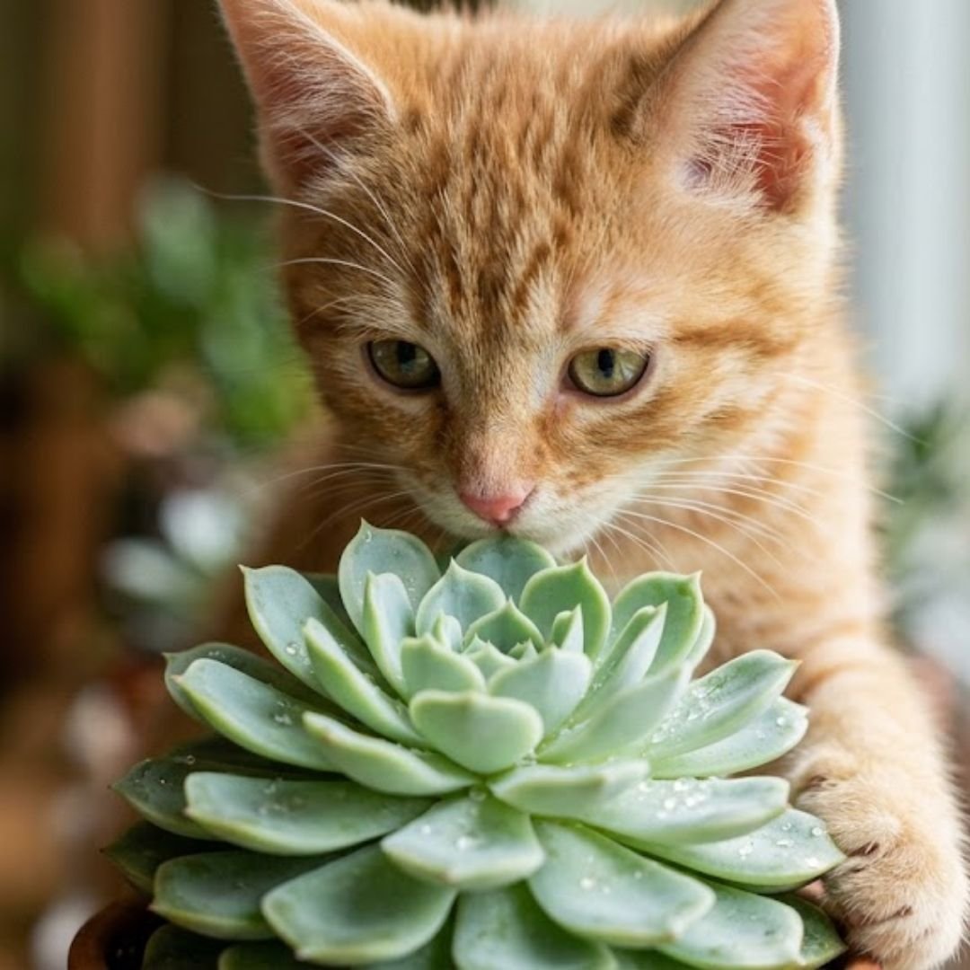 Gato filhote cheirando uma suculenta Echeveria verde em um vaso, demonstrando a interação segura entre animais de estimação e plantas não tóxicas