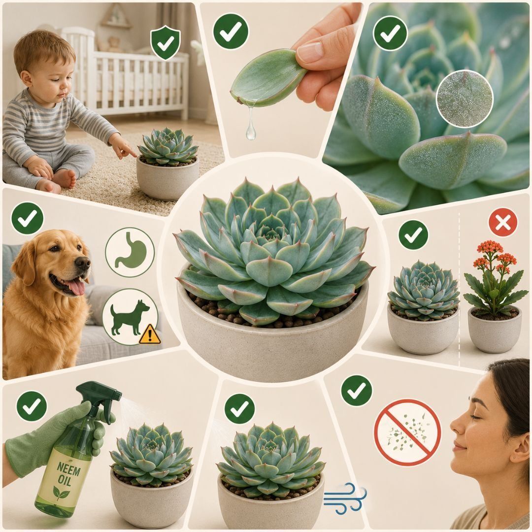 Infográfico ilustrado sobre segurança da Echeveria com criança, cachorro, pruína das folhas, comparação botânica e cuidados domésticos