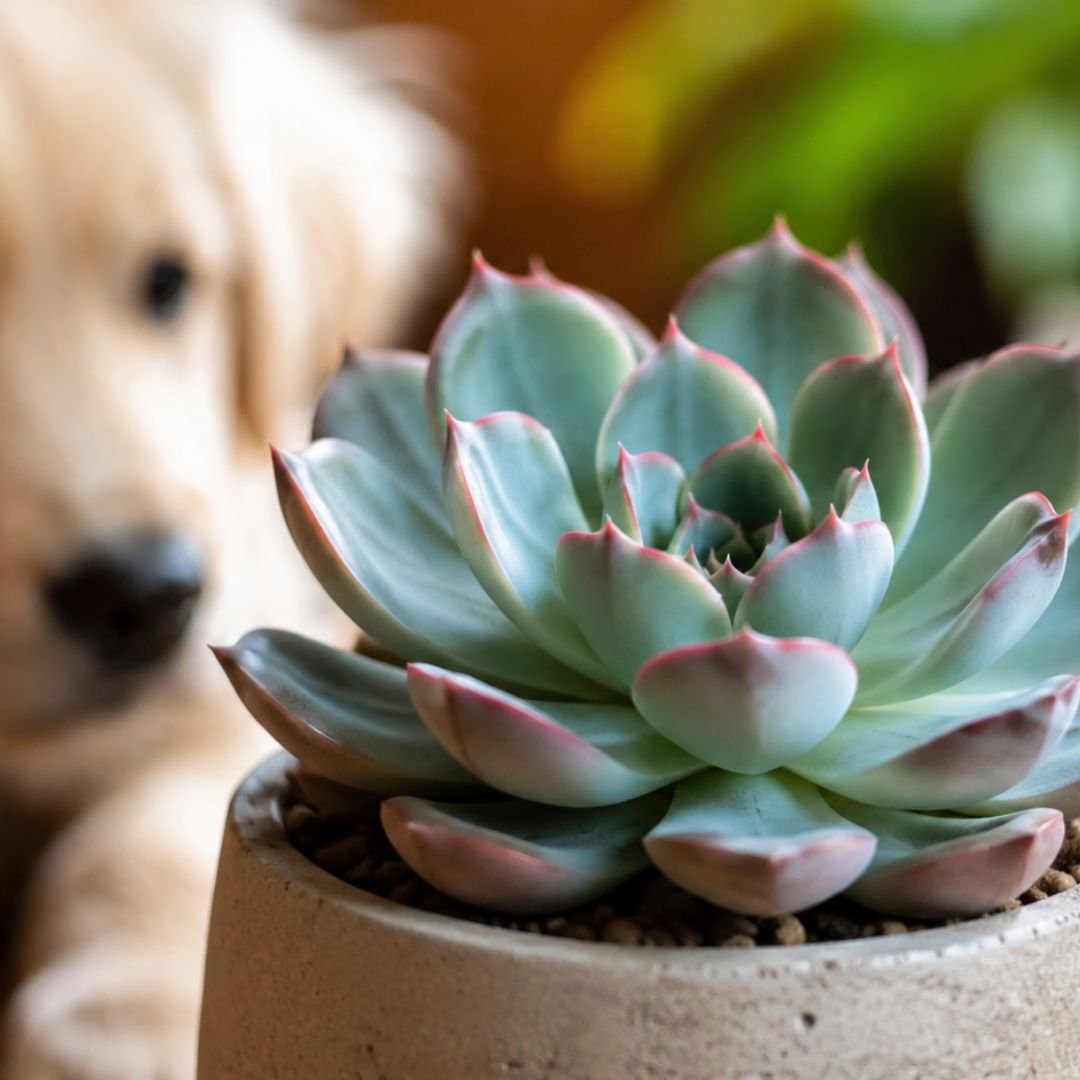 Echeveria em vaso dentro de casa com cachorro e gato ao fundo observando a suculenta