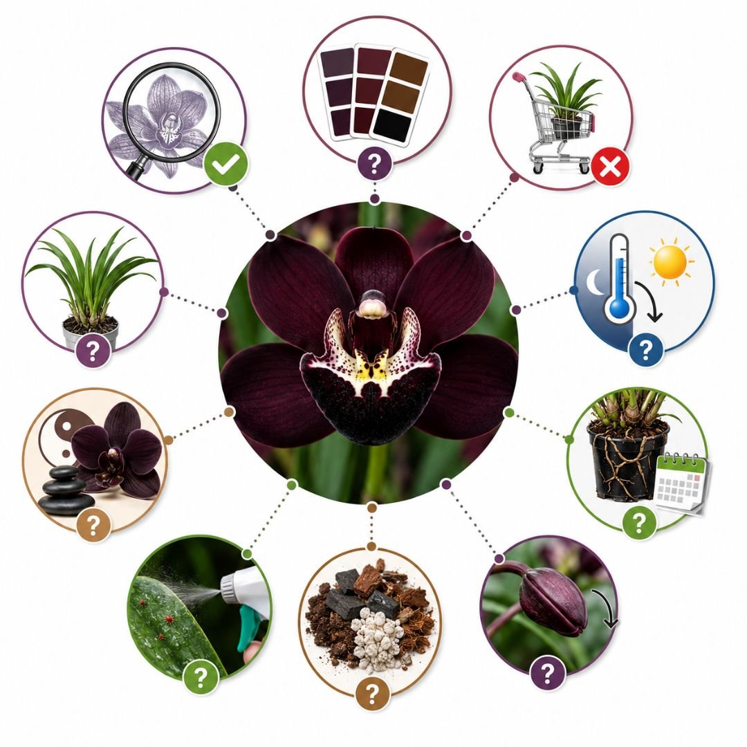 Infográfico ilustrado com cuidados essenciais da orquídea negra Cymbidium Kiwi Midnight em fundo branco minimalista