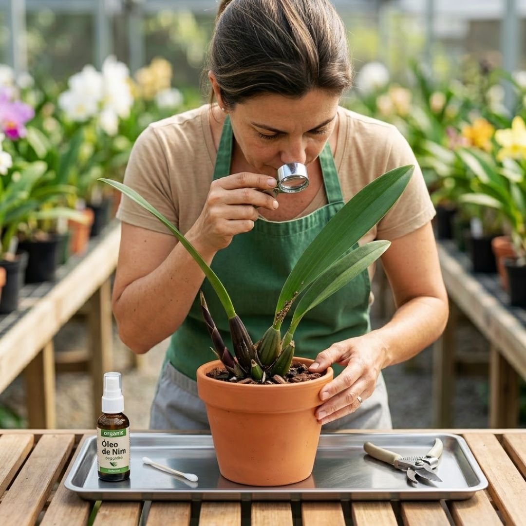Especialista utilizando uma lupa para examinar folhas de orquídea Cymbidium em um ambiente limpo e organizado, com frasco de óleo de nim e cotonete sobre uma bandeja metálica.